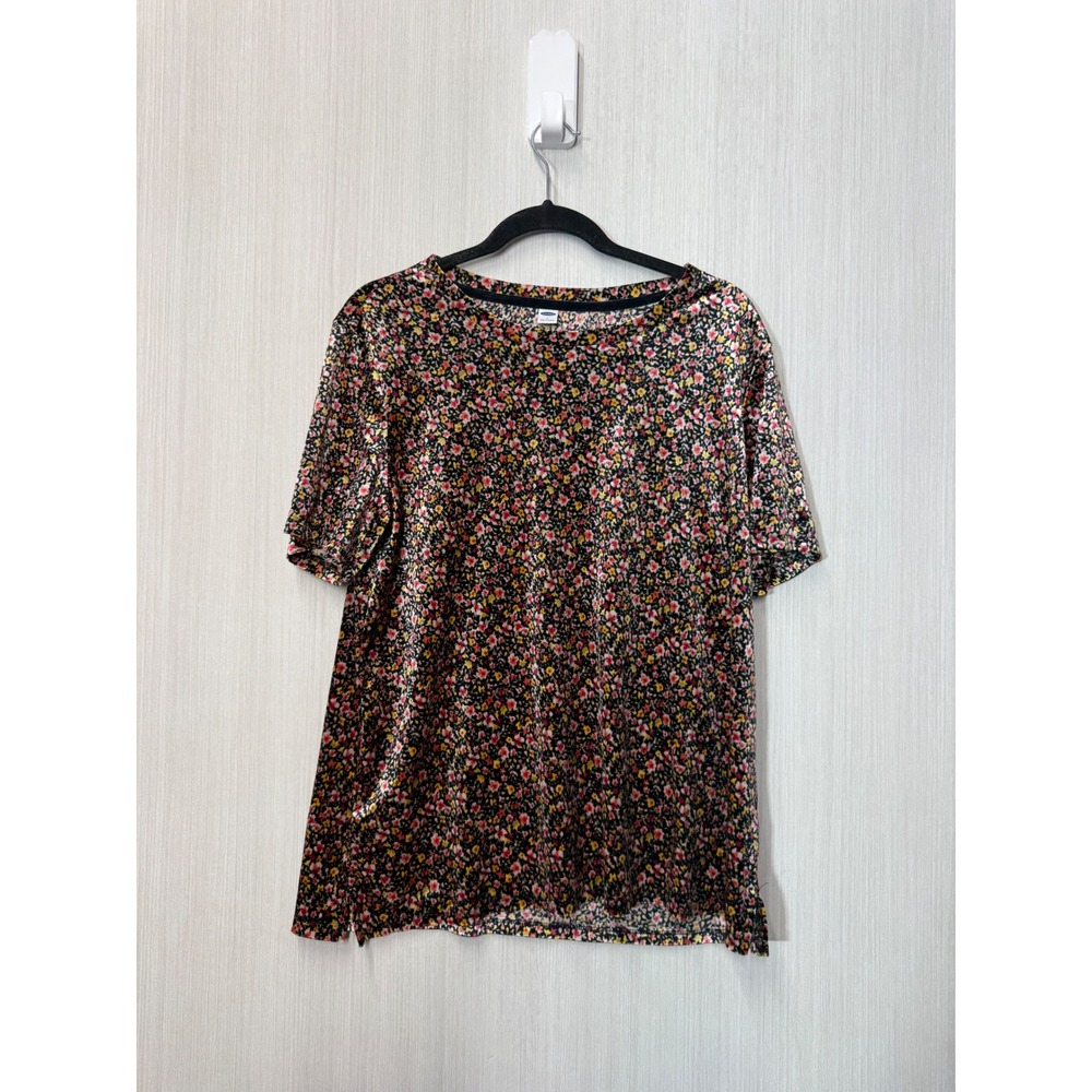 Old Navy Women Floral Velvet Short Sleeve Top Crew Neck Multi-Color Size L